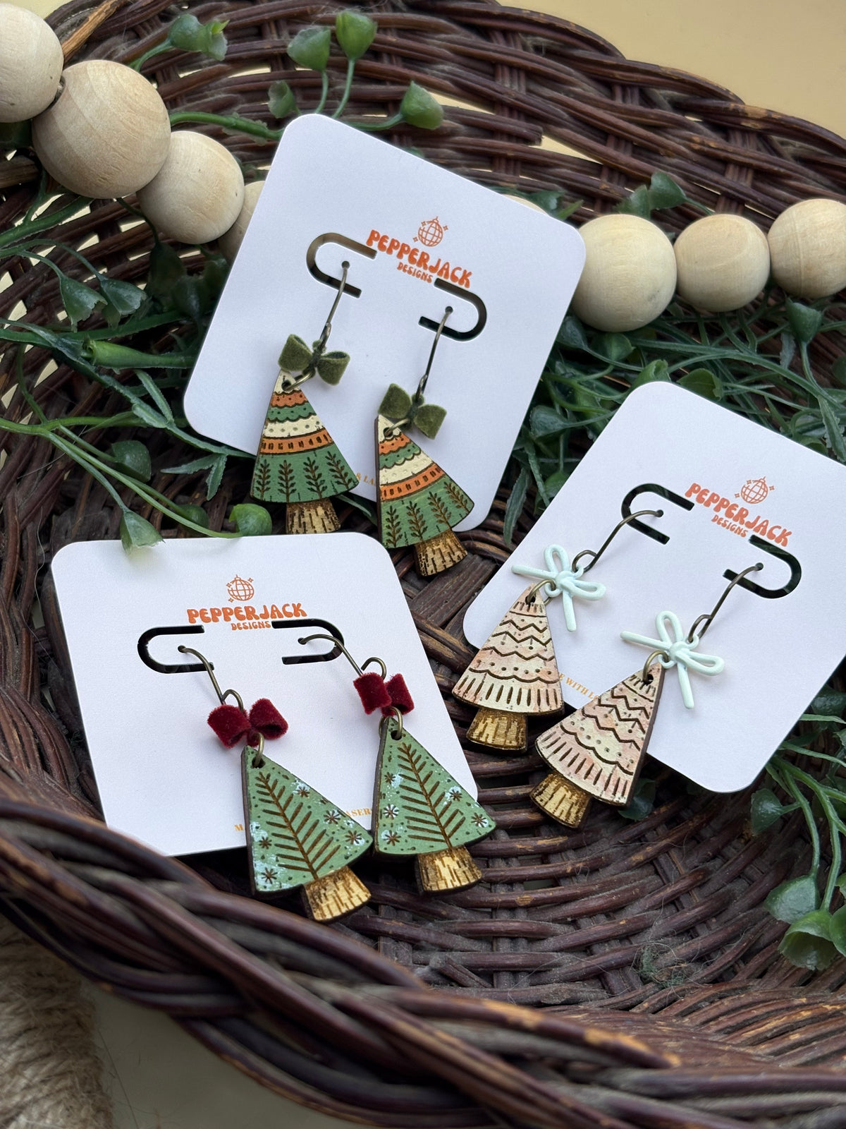 Hand Painted Christmas Tree Earrings | Wooden Holiday Dangle Earrings | 3 Festive Styles | Velvet Bow Christmas Jewelry
