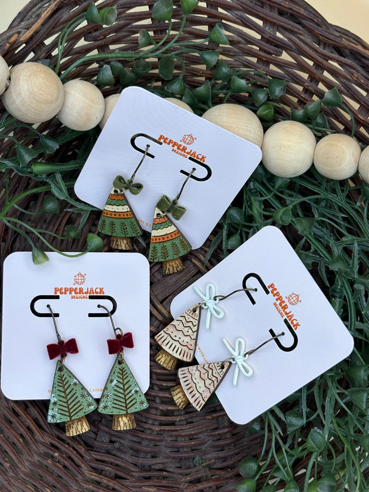 Hand Painted Christmas Tree Earrings | Wooden Holiday Dangle Earrings | 3 Festive Styles | Velvet Bow Christmas Jewelry