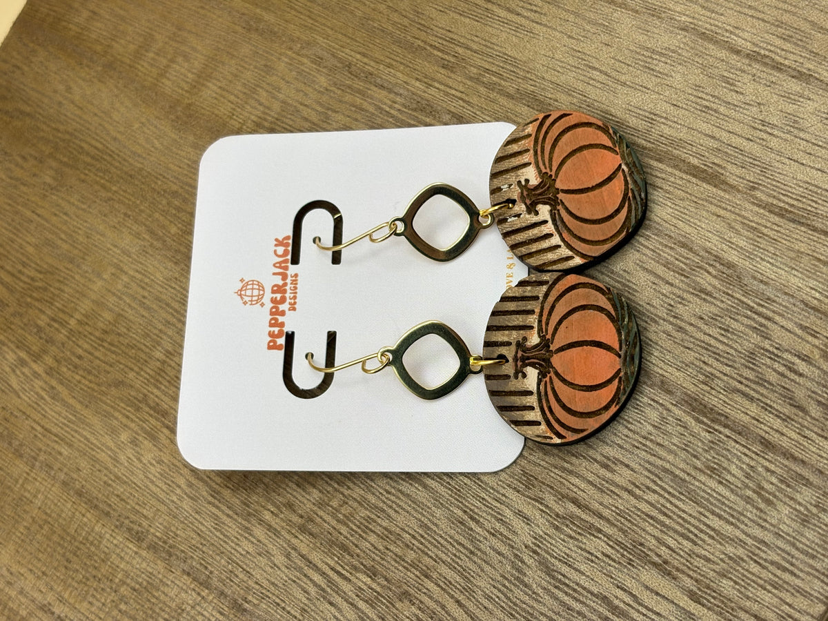 Hand Painted Pumpkin Earrings | Wooden Fall Dangle Earrings | Orange Pumpkin Jewelry | Gold Geometric Accents