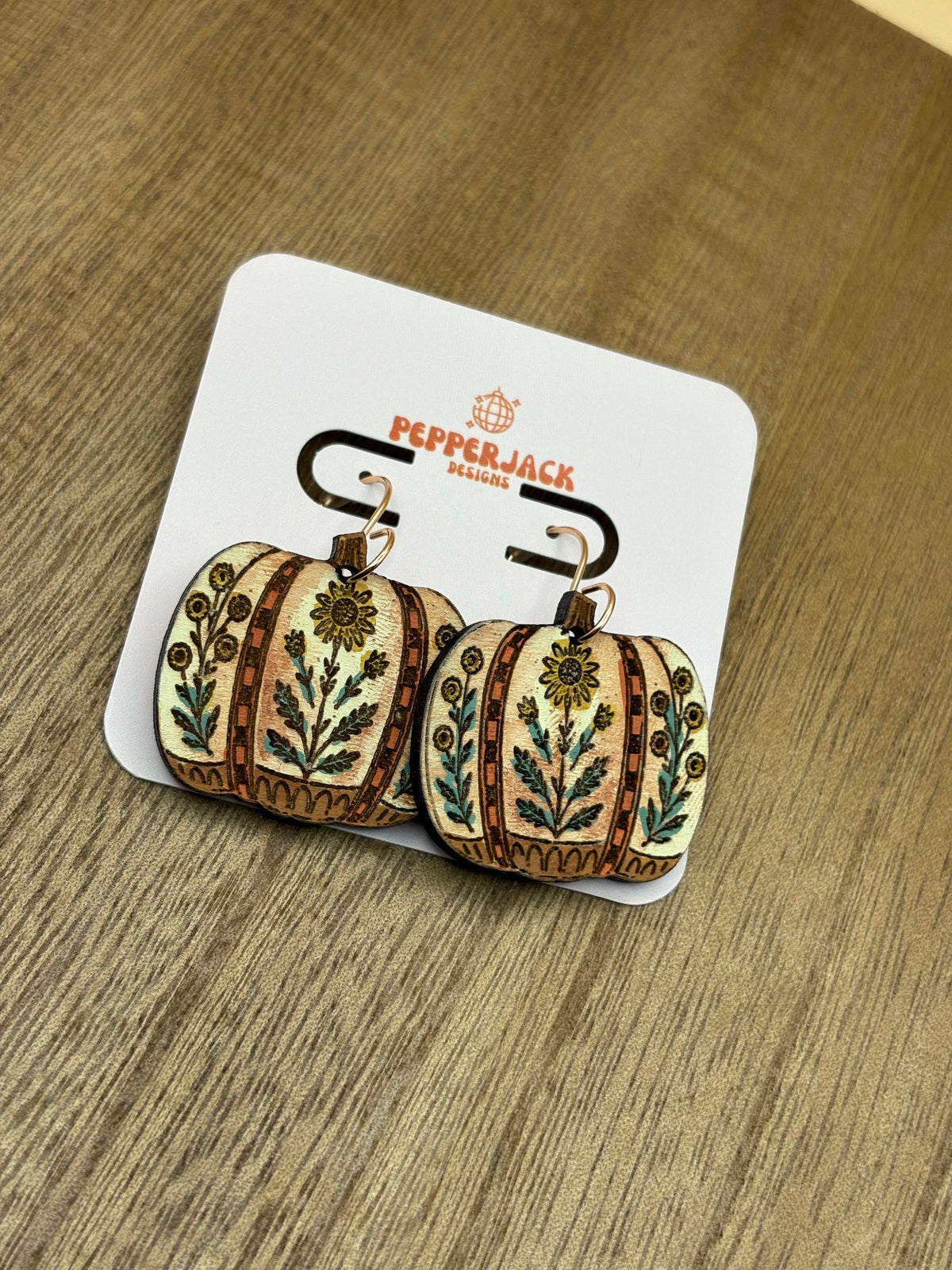 Hand Painted Floral Pumpkin Earrings | Wooden Fall Dangle Earrings | Boho Sunflower Pumpkin Jewelry | Hypoallergenic Stainless Steel Hooks