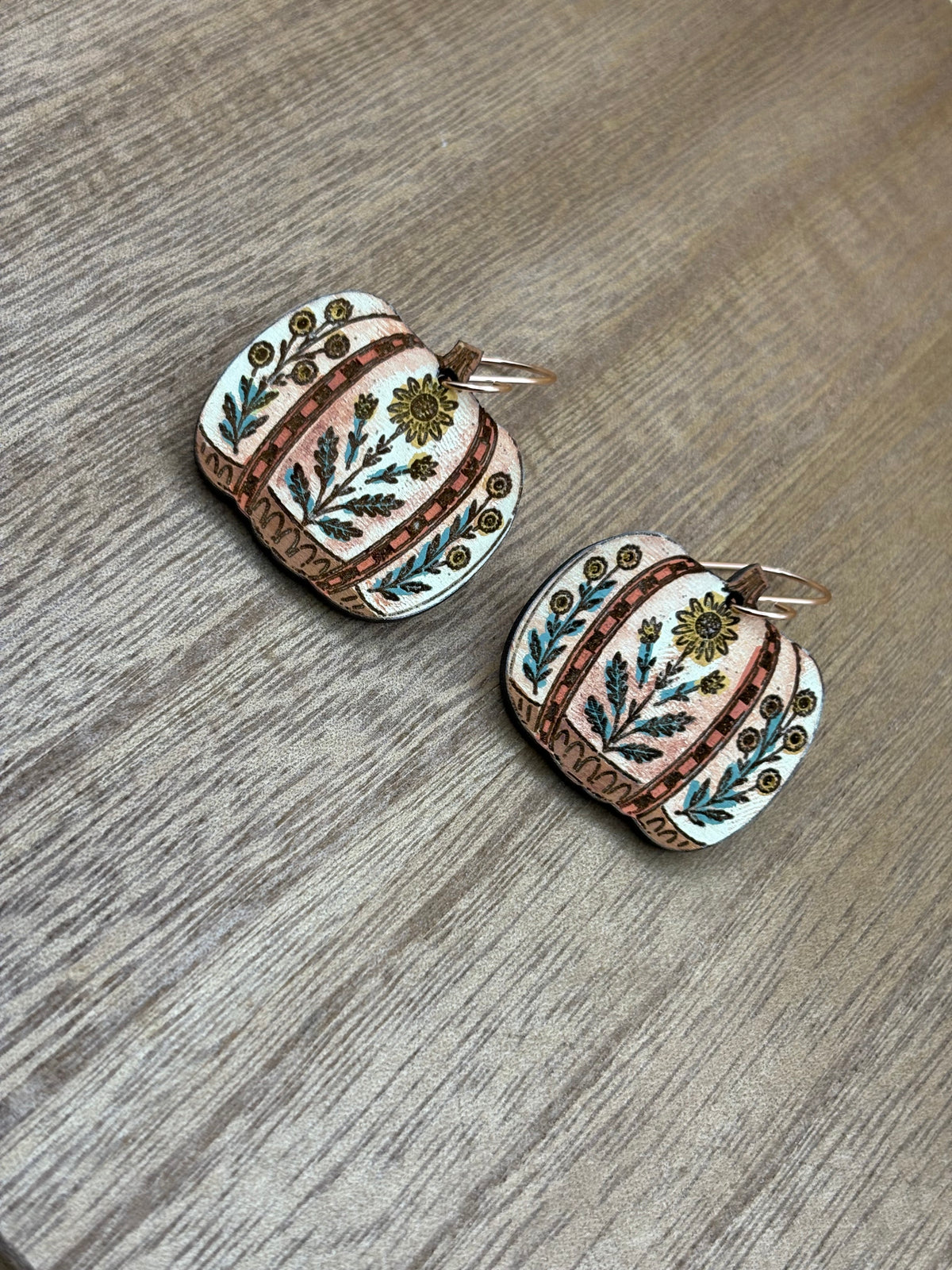 Hand Painted Floral Pumpkin Earrings | Wooden Fall Dangle Earrings | Boho Sunflower Pumpkin Jewelry | Hypoallergenic Stainless Steel Hooks