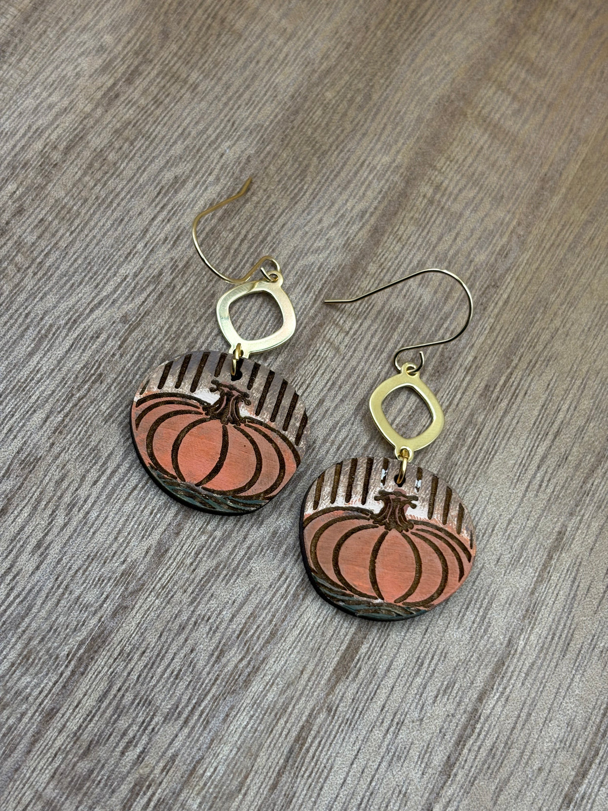 Hand Painted Pumpkin Earrings | Wooden Fall Dangle Earrings | Orange Pumpkin Jewelry | Gold Geometric Accents