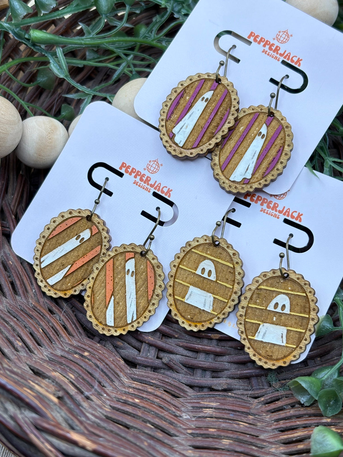 Hand Painted Ghost Earrings | Wooden Halloween Dangle Earrings | 3 Spooky Ghost Styles | Cute Halloween Jewelry | Hypoallergenic Hooks