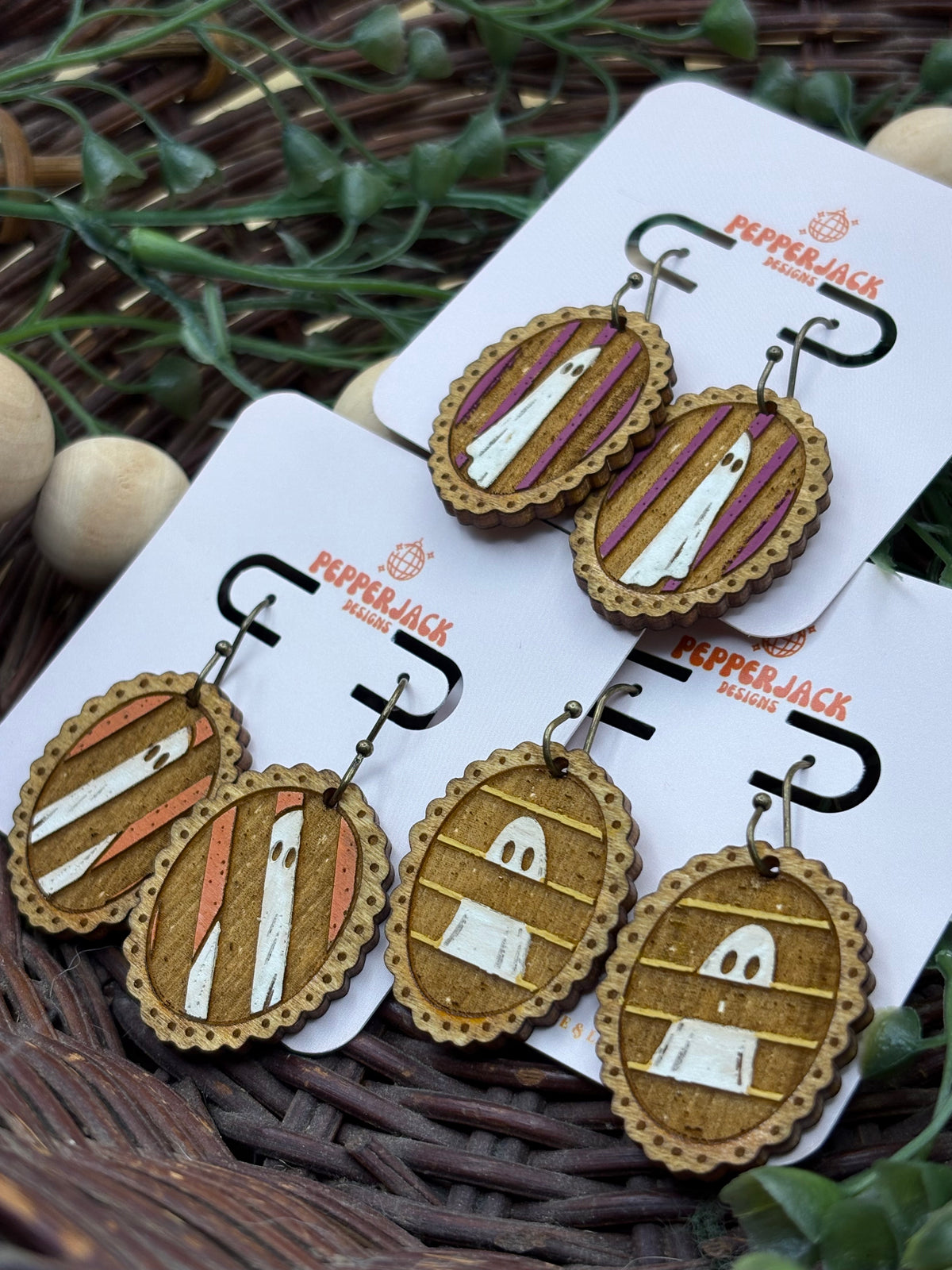 Hand Painted Ghost Earrings | Wooden Halloween Dangle Earrings | 3 Spooky Ghost Styles | Cute Halloween Jewelry | Hypoallergenic Hooks