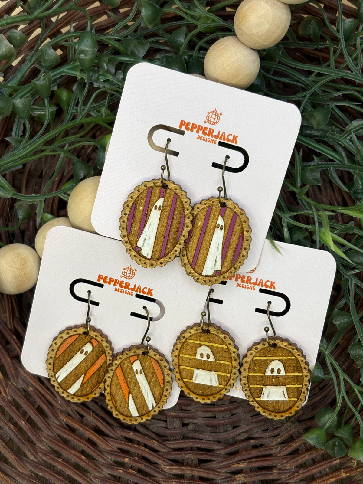 Hand Painted Ghost Earrings | Wooden Halloween Dangle Earrings | 3 Spooky Ghost Styles | Cute Halloween Jewelry | Hypoallergenic Hooks