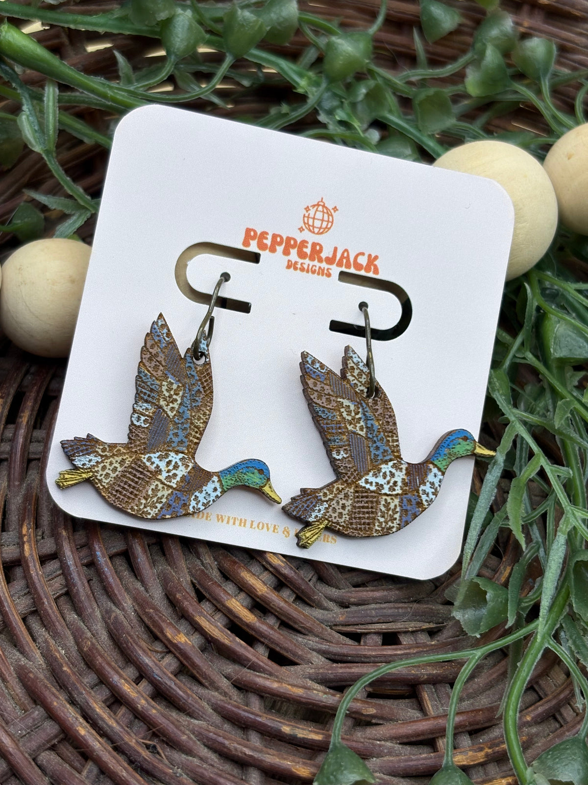 Hand Painted Mallard Duck Earrings | Wooden Flying Duck Dangle Earrings | Hypoallergenic Stainless Steel Hooks | Duck Hunting Gift