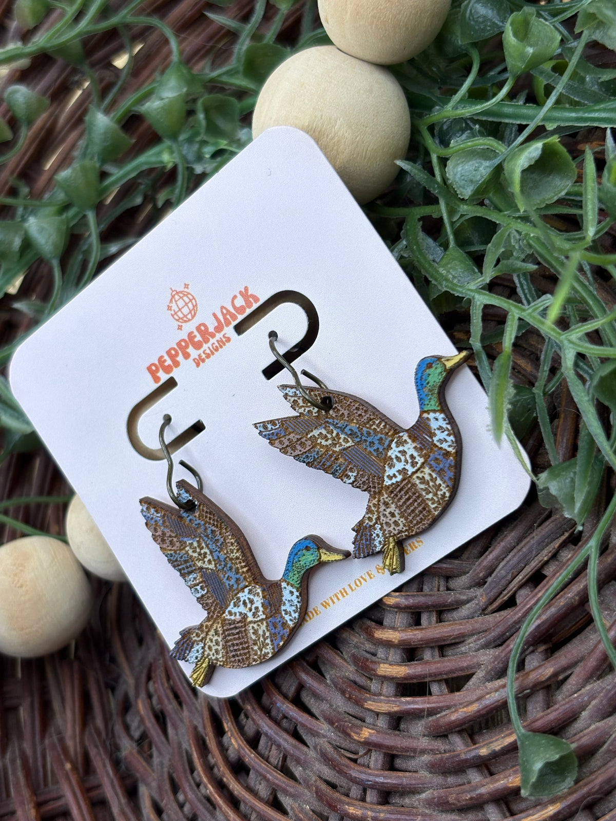 Hand Painted Mallard Duck Earrings | Wooden Flying Duck Dangle Earrings | Hypoallergenic Stainless Steel Hooks | Duck Hunting Gift