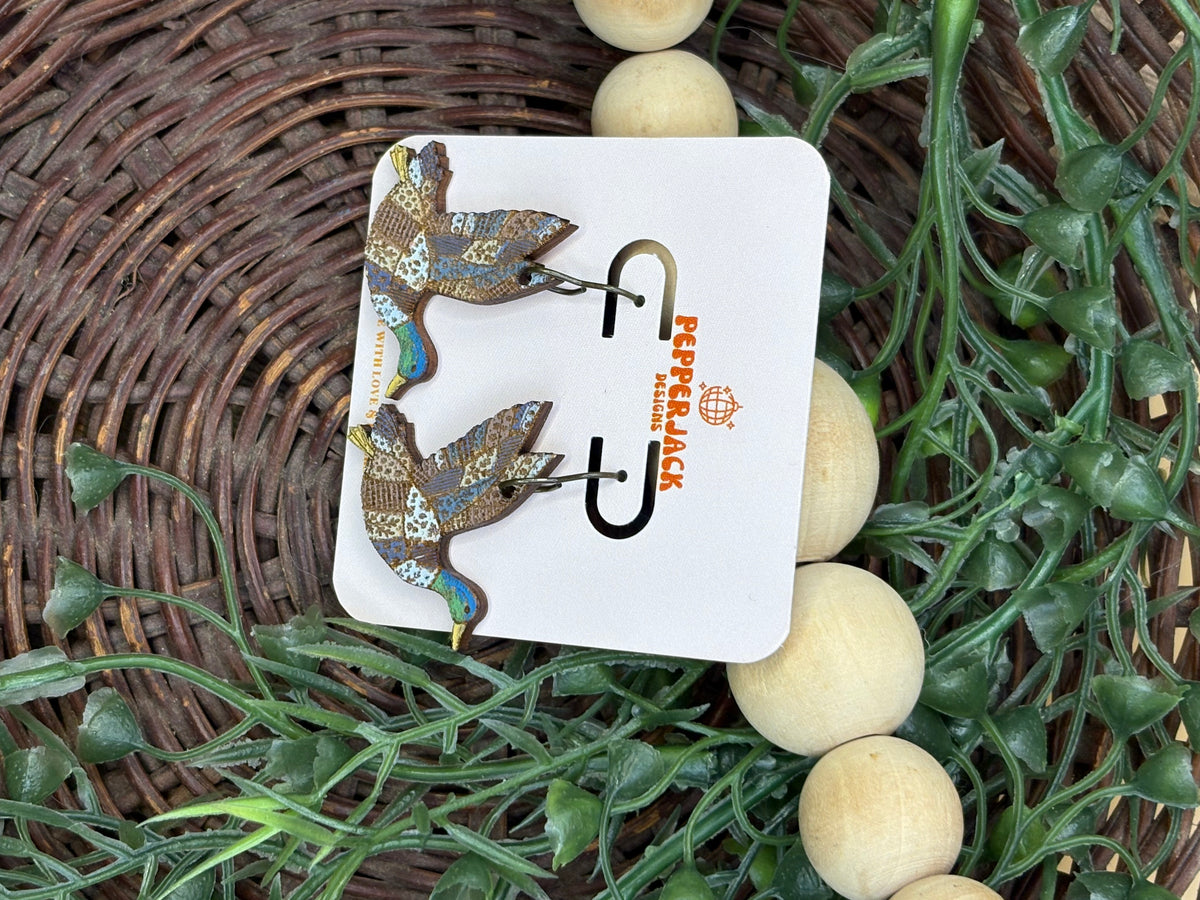 Hand Painted Mallard Duck Earrings | Wooden Flying Duck Dangle Earrings | Hypoallergenic Stainless Steel Hooks | Duck Hunting Gift