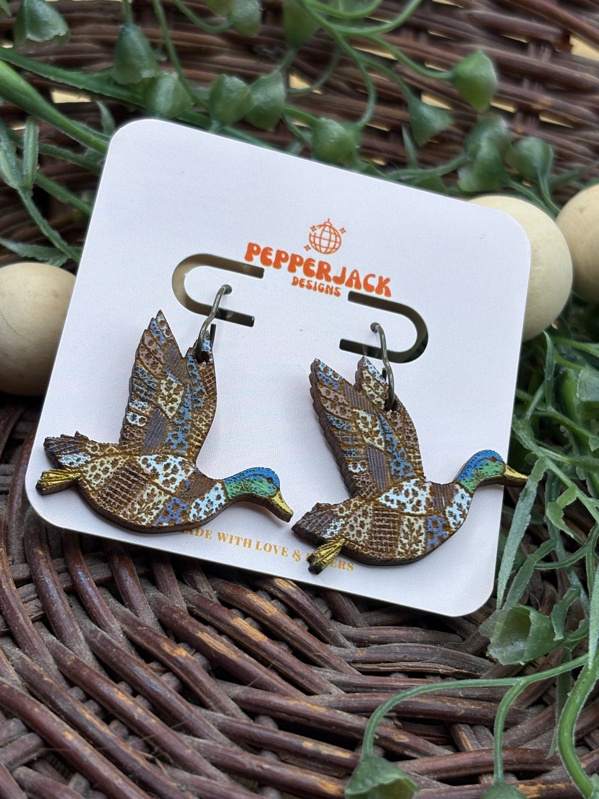 Hand Painted Mallard Duck Earrings | Wooden Flying Duck Dangle Earrings | Hypoallergenic Stainless Steel Hooks | Duck Hunting Gift