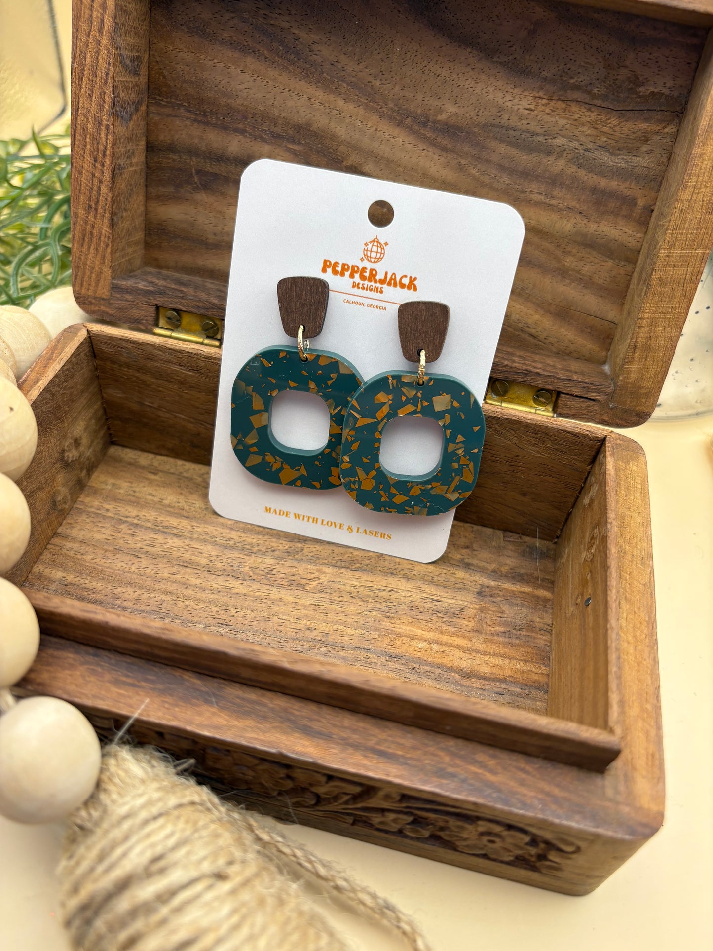 Modern Sage with Copper Flakes Acrylic Earrings