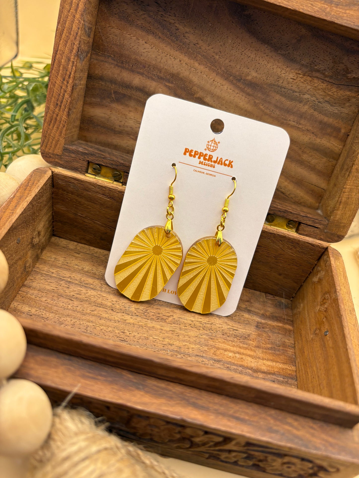 Sunburst Oval Mirrored Gold Acrylic Earrings