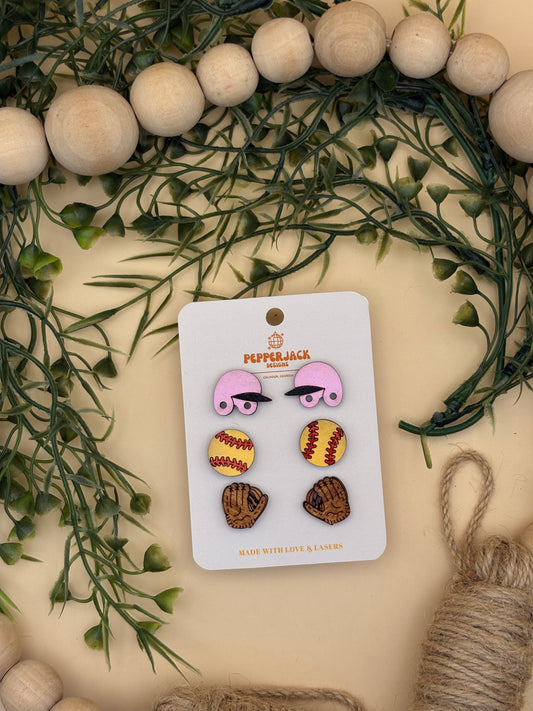 Softball Stud Earrings Set of 3