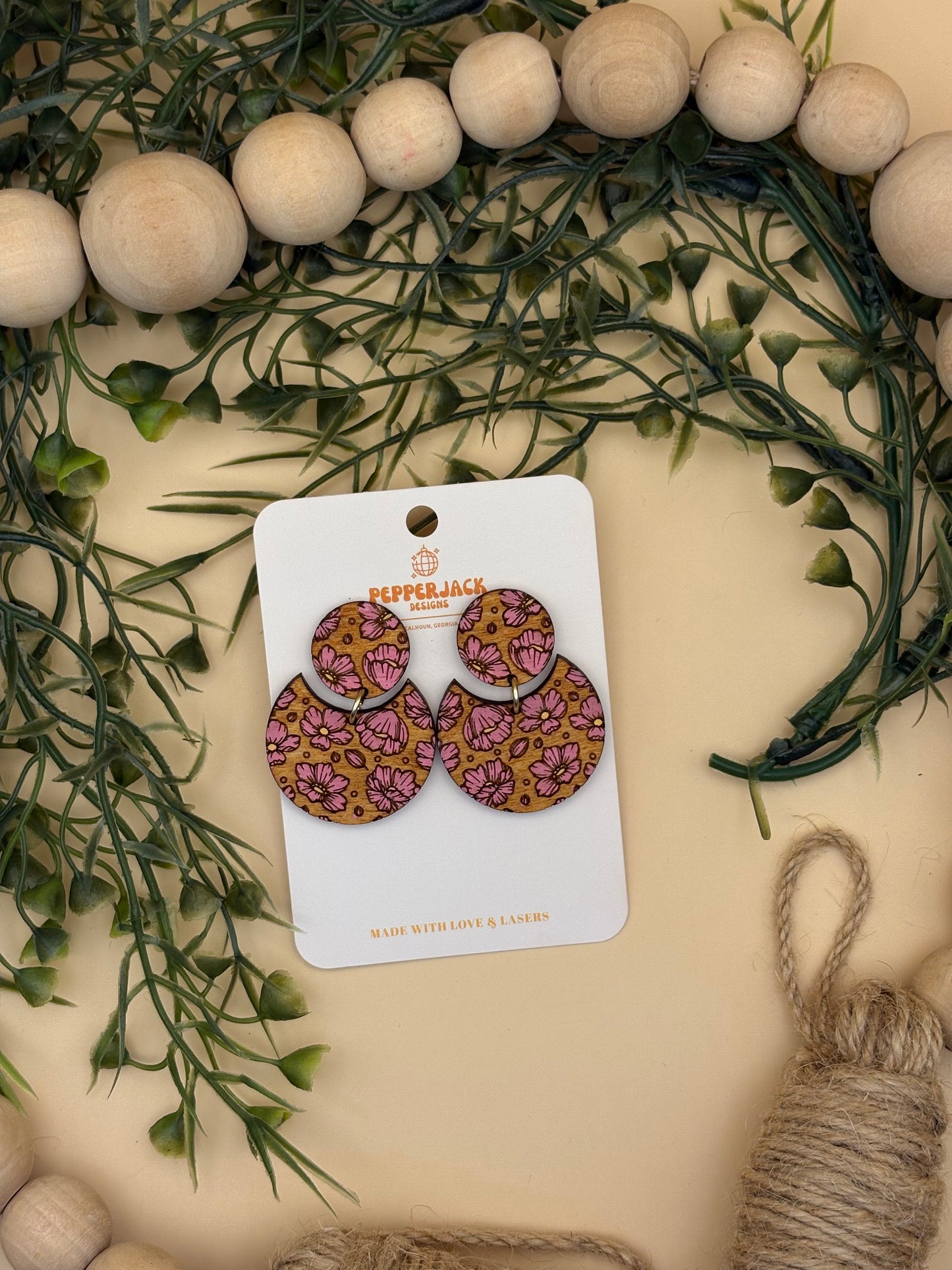 Engraved Floral Circle Drop Earrings