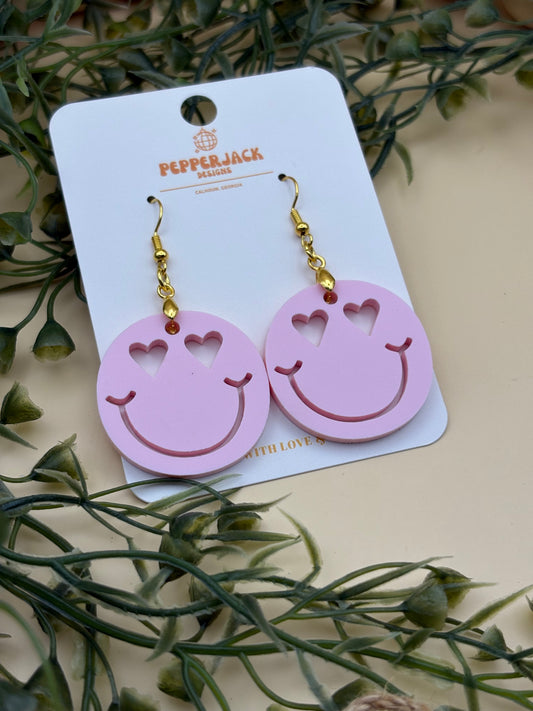 Pink Heart Eyes Smiley Face Earrings