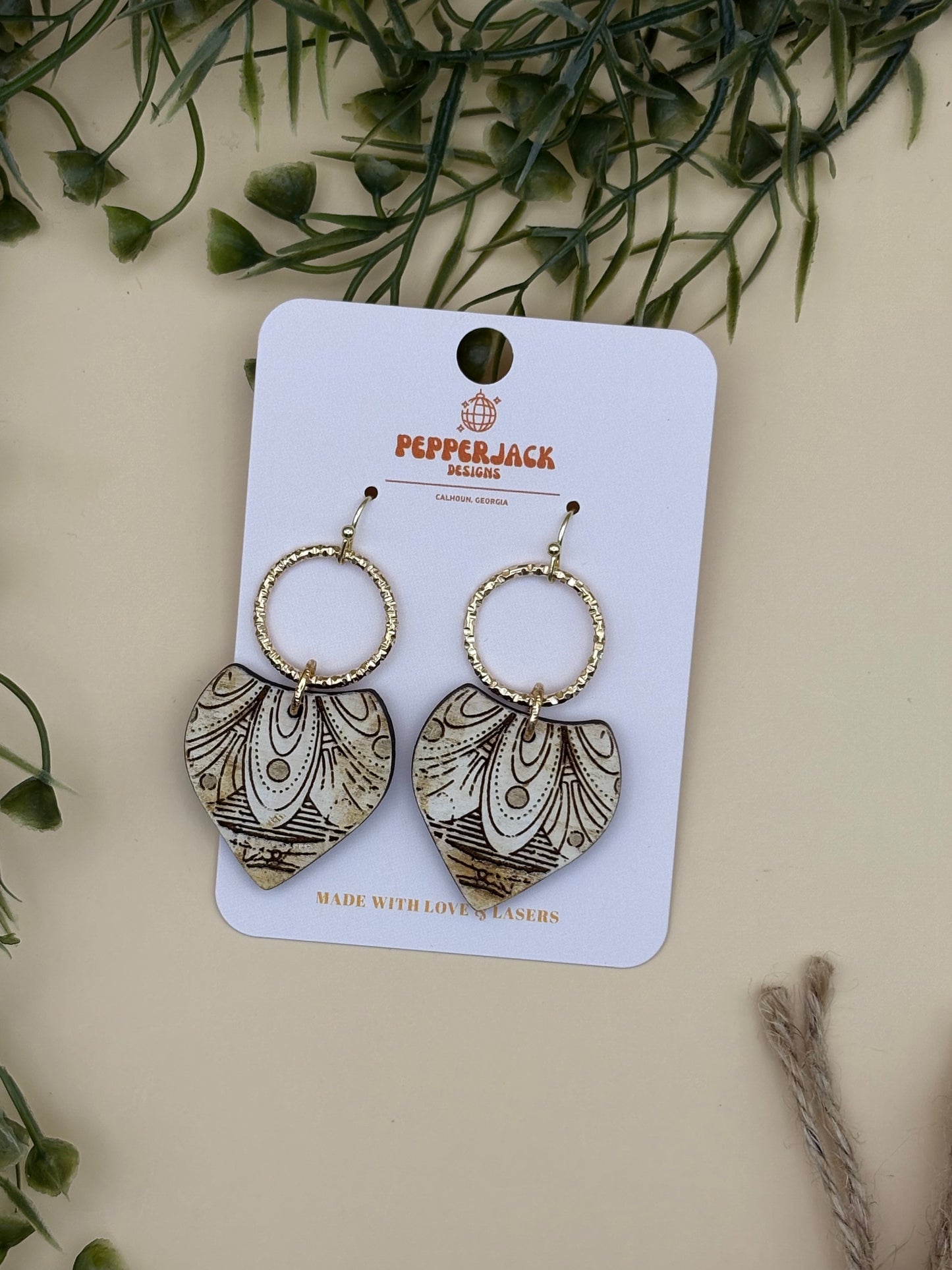 Cream & Gold Curtain Mandala Triangle Drop Hoop Earrings