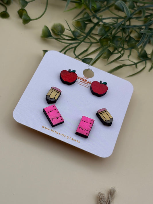 School/Teacher Stud Set Of 3 Earrings