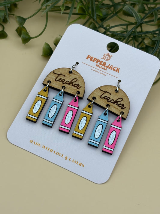 Teacher Arch With 3 Crayons Dangle Earrings