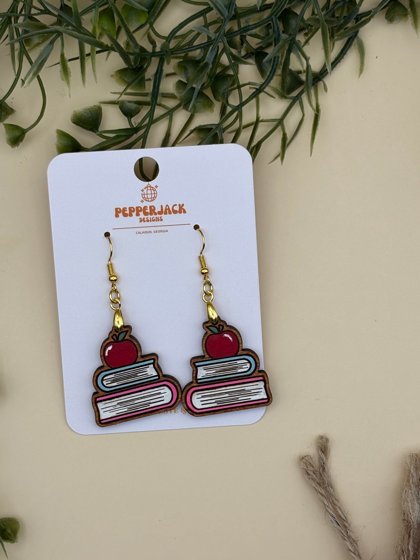School/Teacher Apple & Books Dangle Earrings
