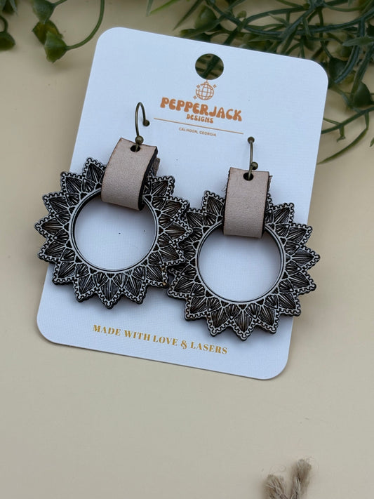 Mandala Circle Leather Drop Earrings