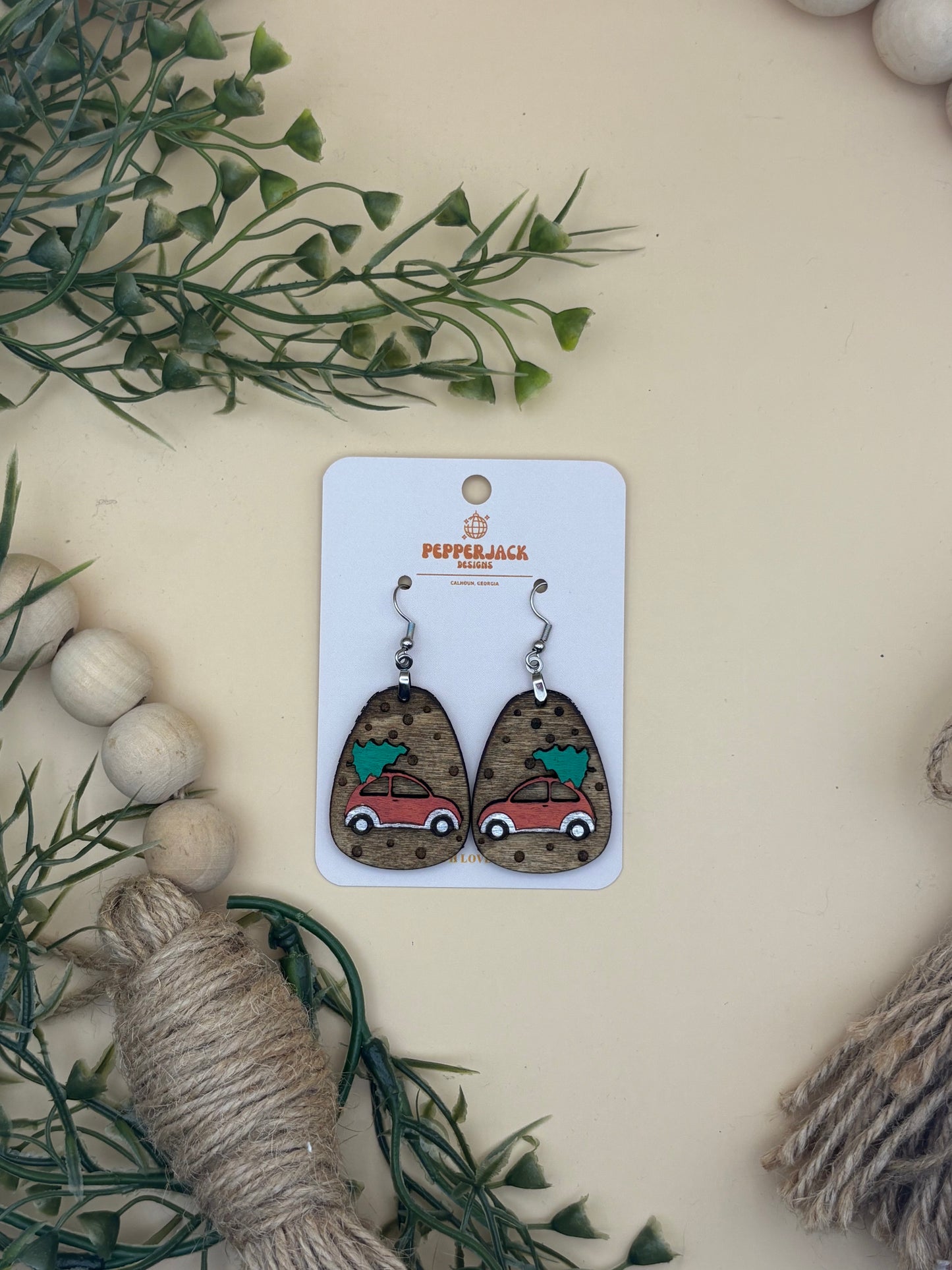 Car Hauling A Christmas Tree Earrings