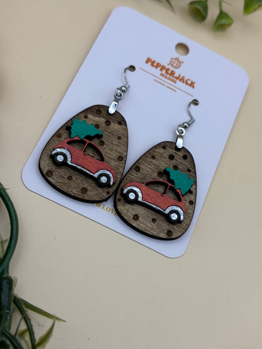 Car Hauling A Christmas Tree Earrings