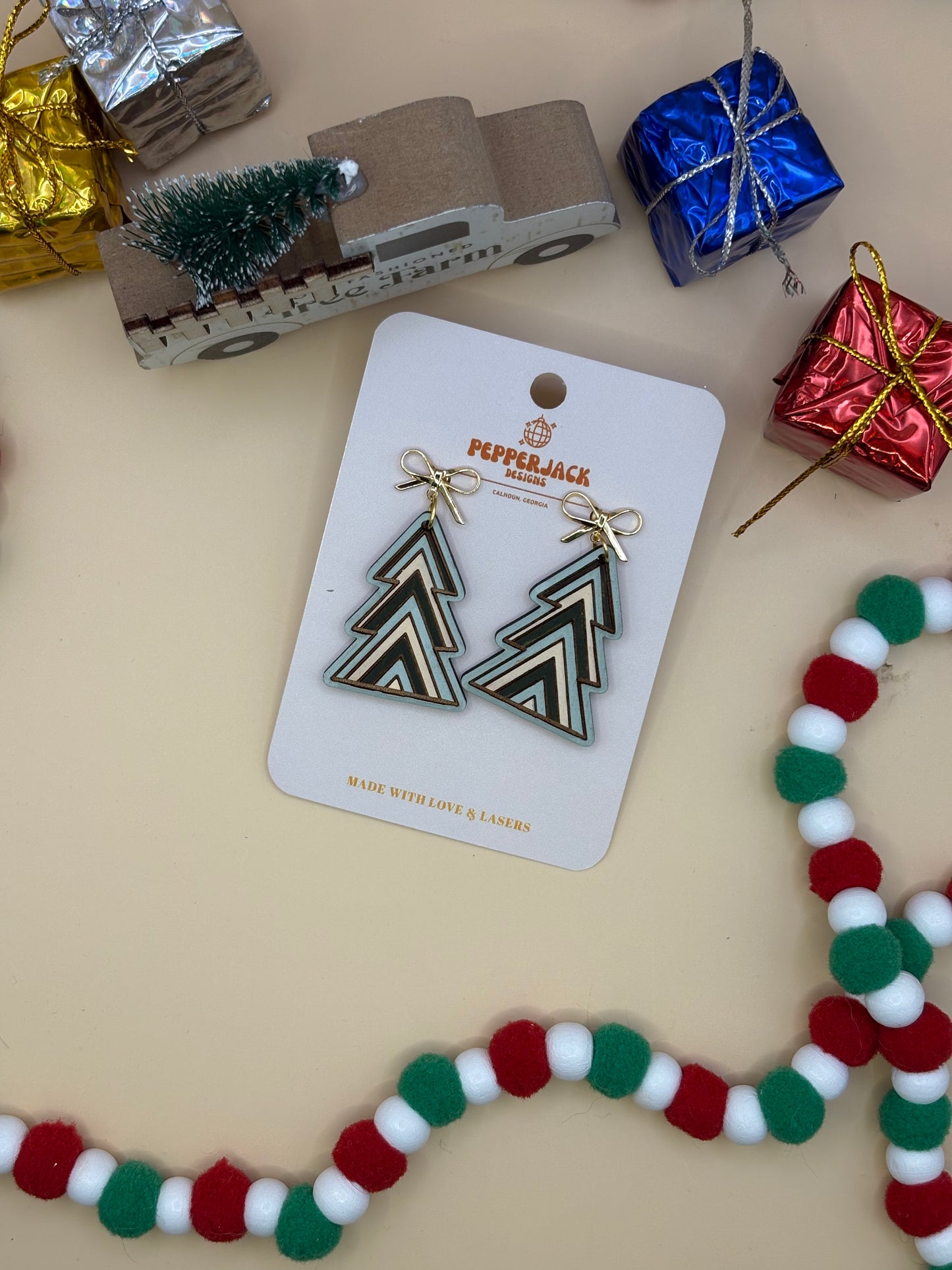 Chevron Striped Christmas Tree Earrings