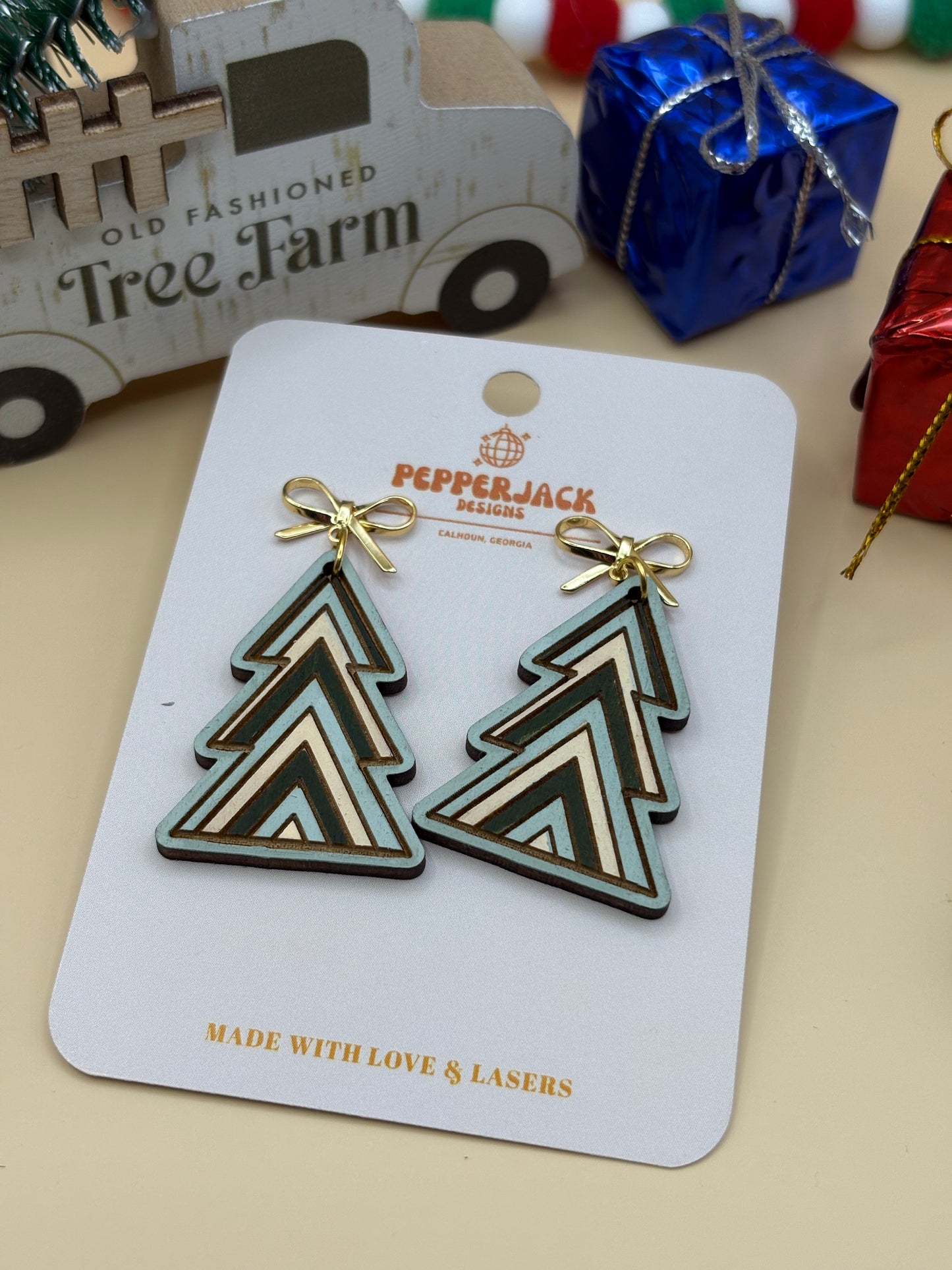 Chevron Striped Christmas Tree Earrings