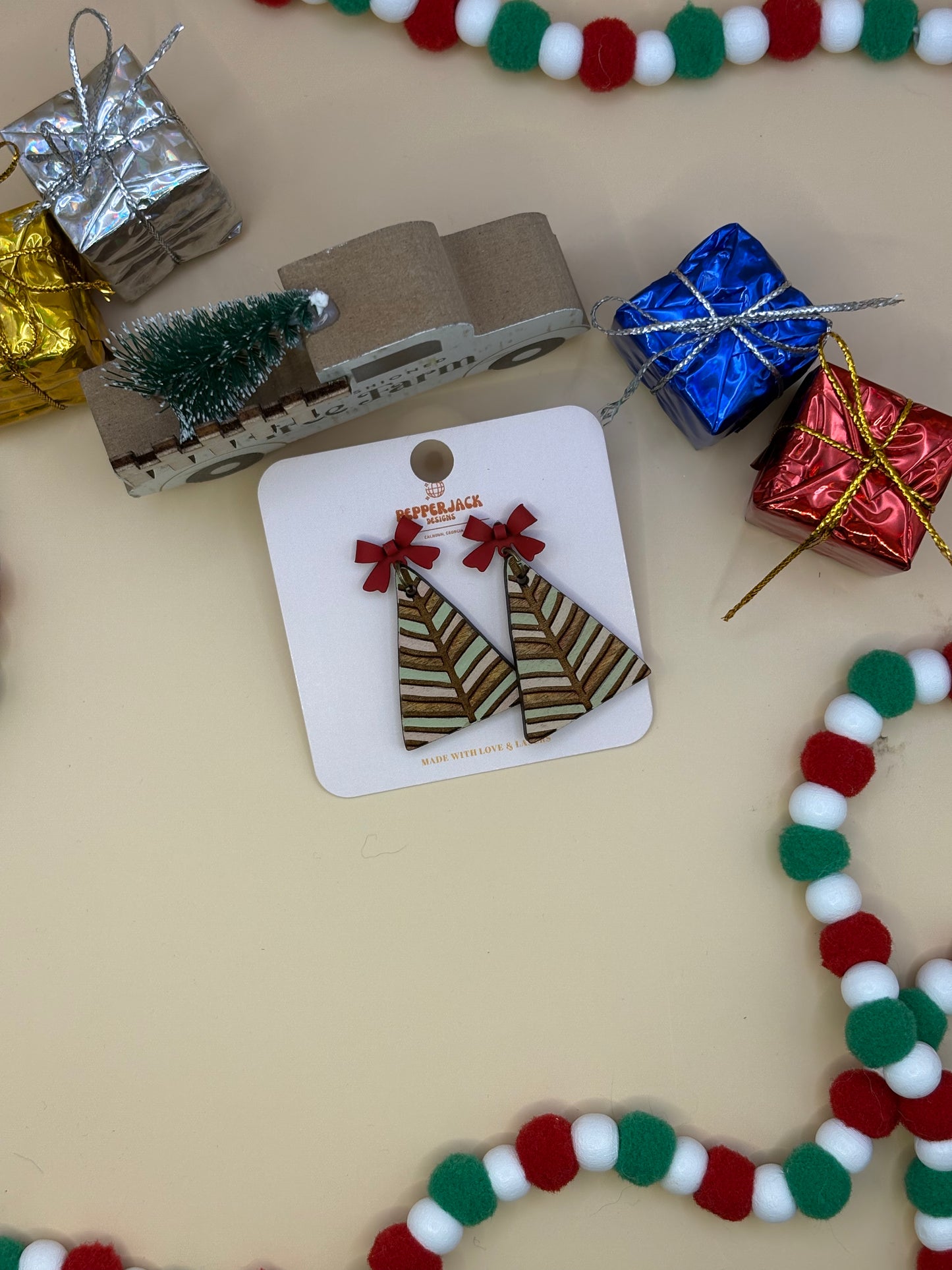 Striped Geometric Christmas Tree Earrings
