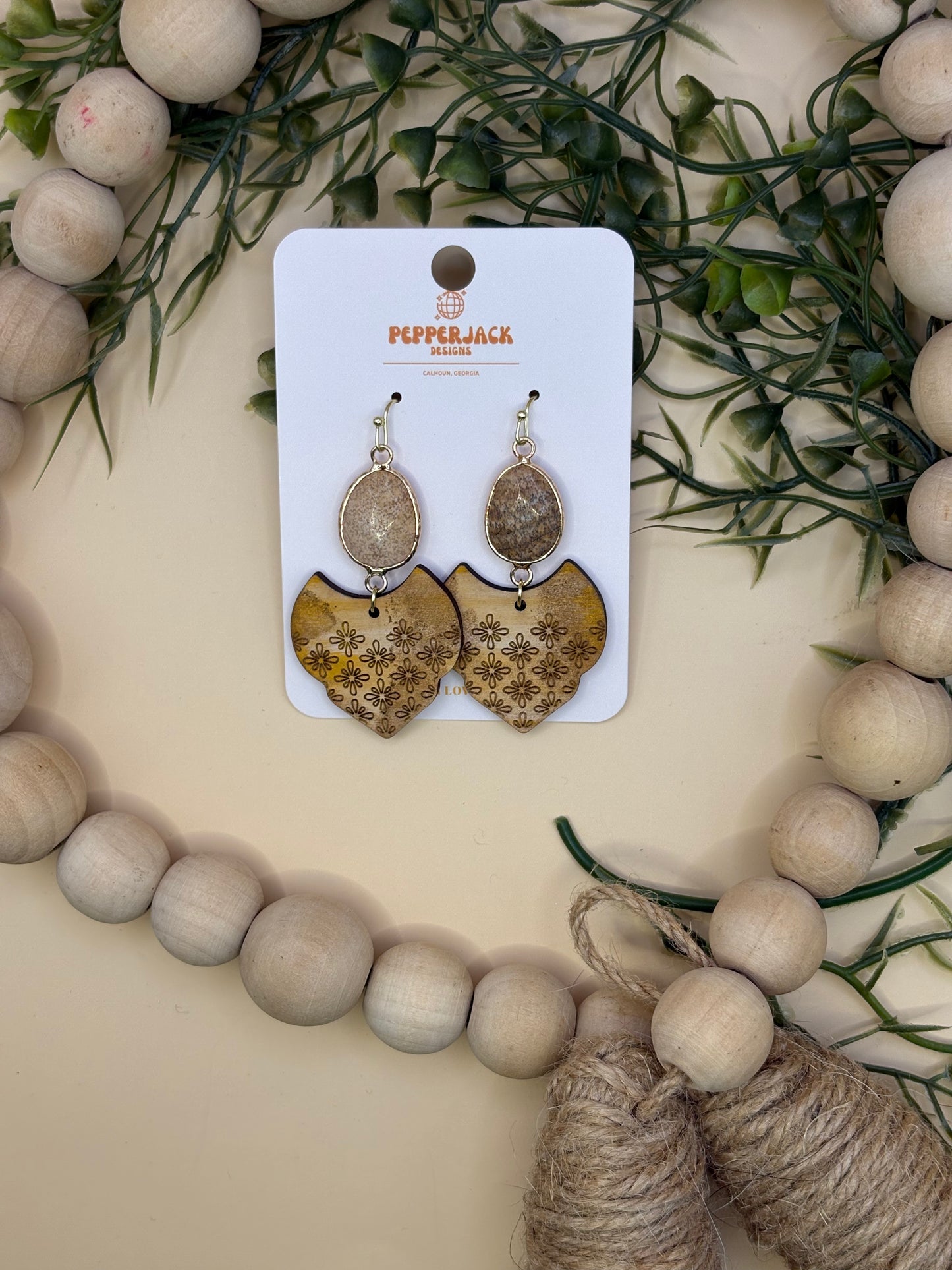 Cream/Brown Mid Century Drop Earrings