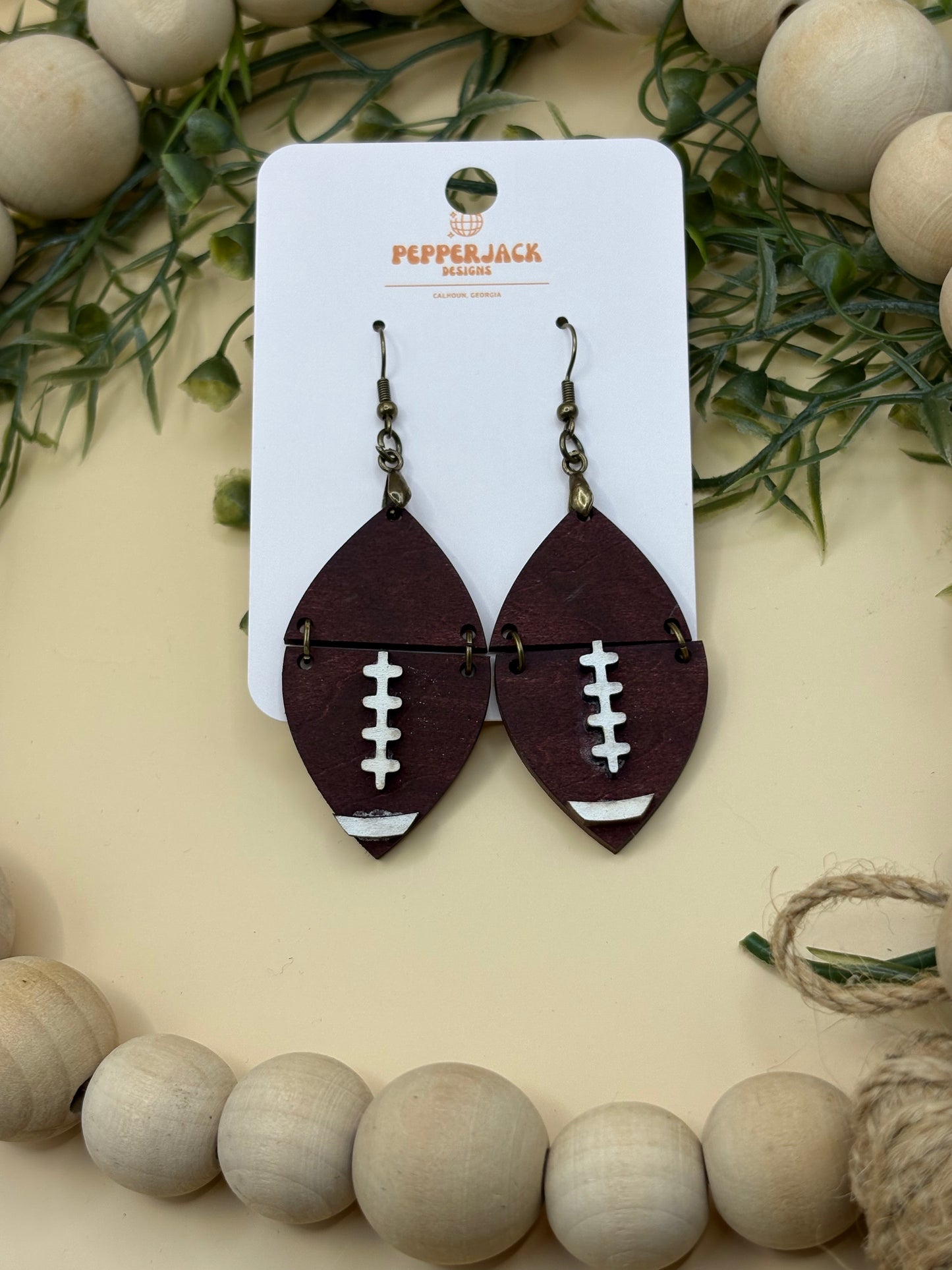 2 Piece Wood Football Earrings