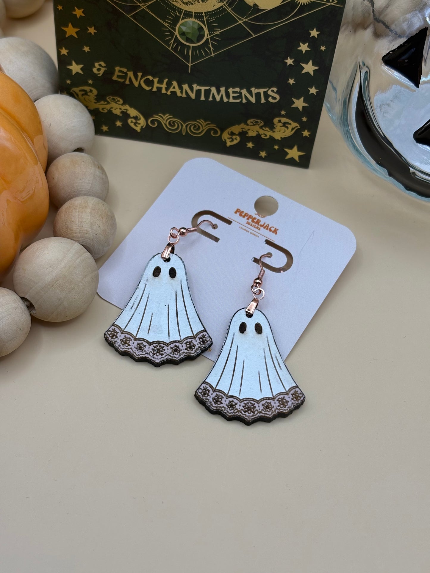 Ghost with pink lace trim earrings