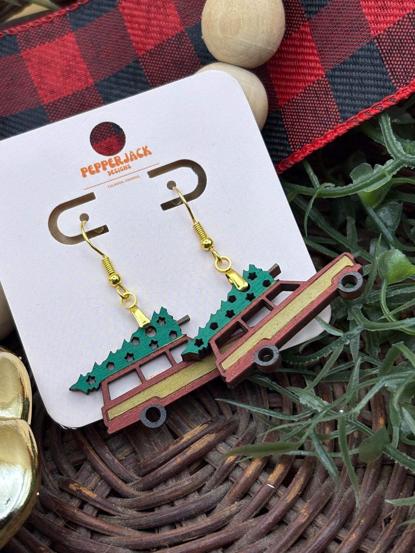 Station Wagon Hauling A Christmas Tree Earrings