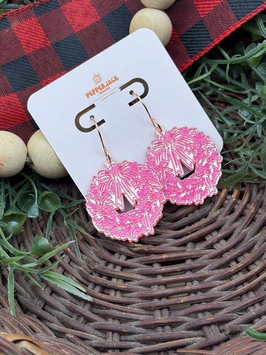 Mirrored Gold Wreath With Pink Accents Earrings