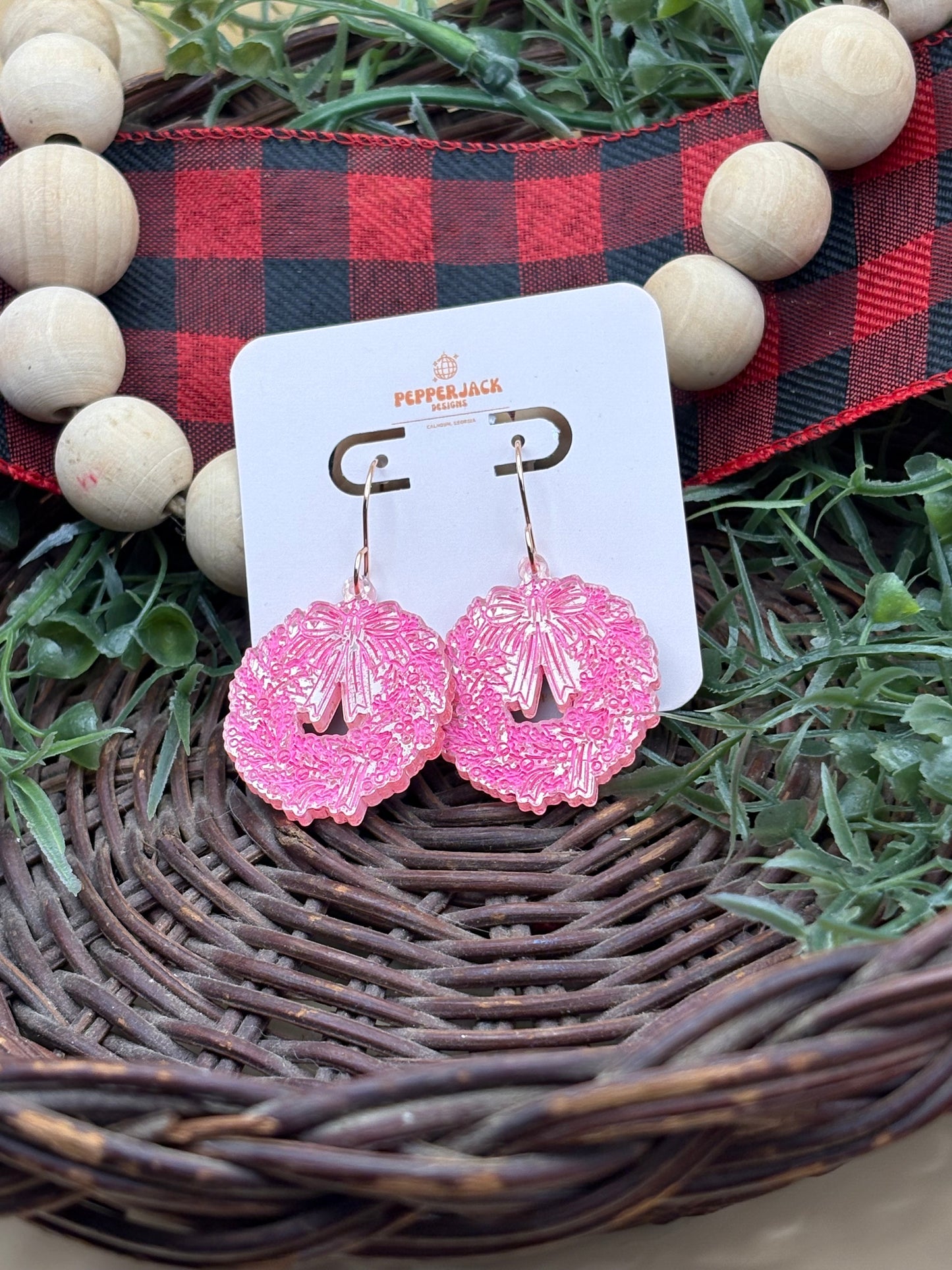 Mirrored Gold Wreath With Pink Accents Earrings