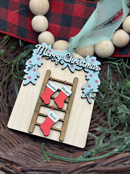 Merry Christmas Stocking On A Ladder Customizable Ornament