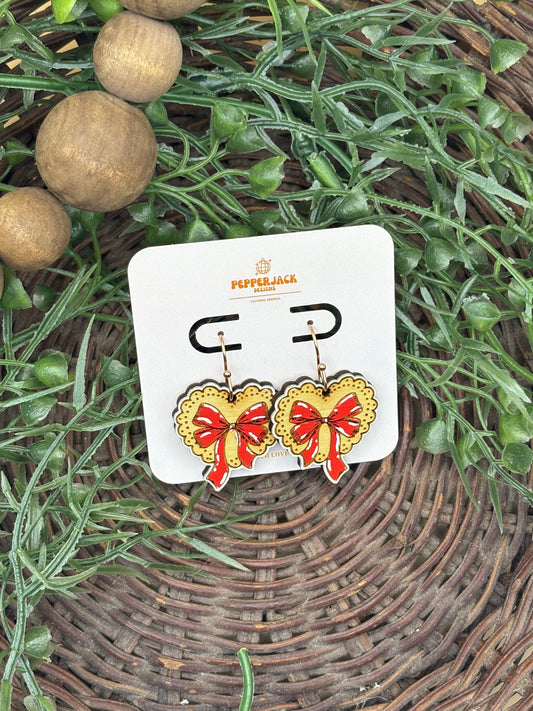 Lace Doily Heart With Red Bow Earrings
