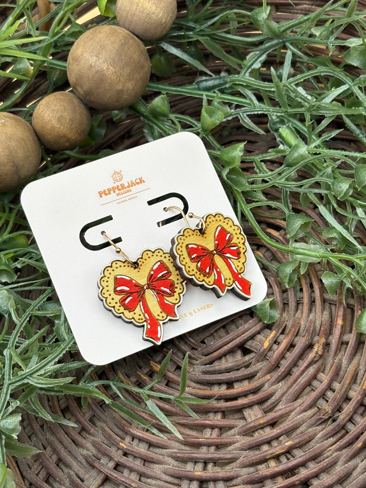 Lace Doily Heart With Red Bow Earrings