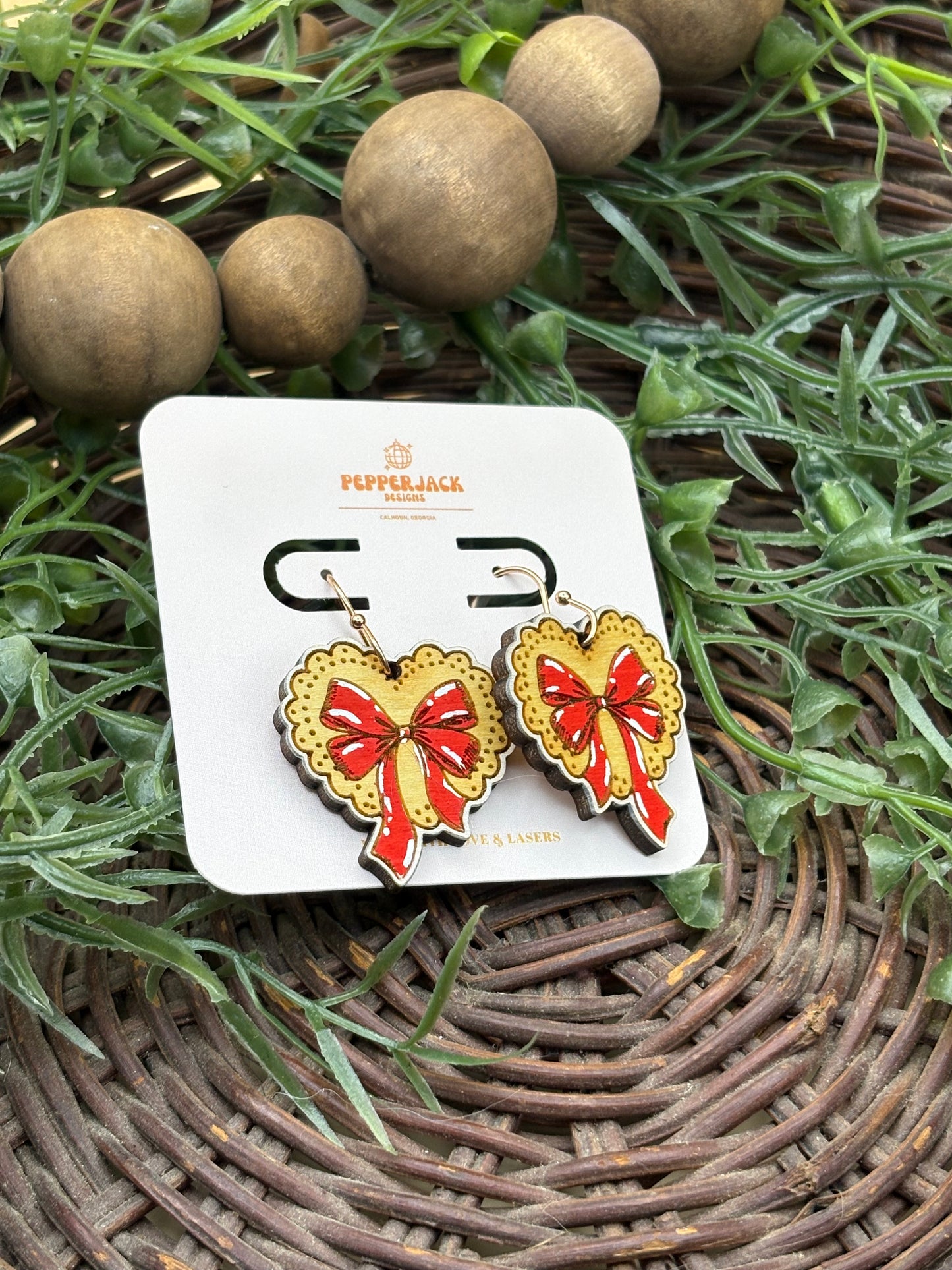 Lace Doily Heart With Red Bow Earrings