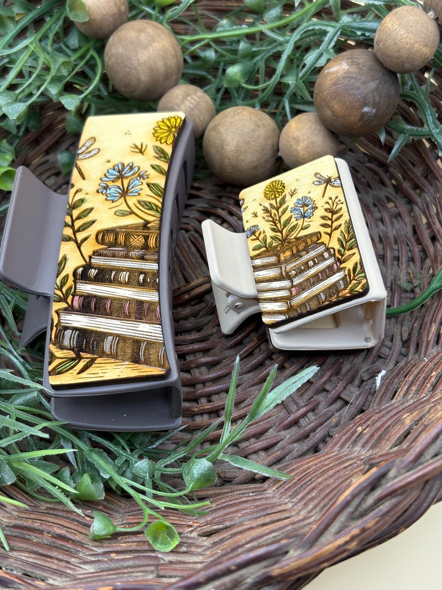 Stacked Books And Wildflowers Hair/Claw Clip
